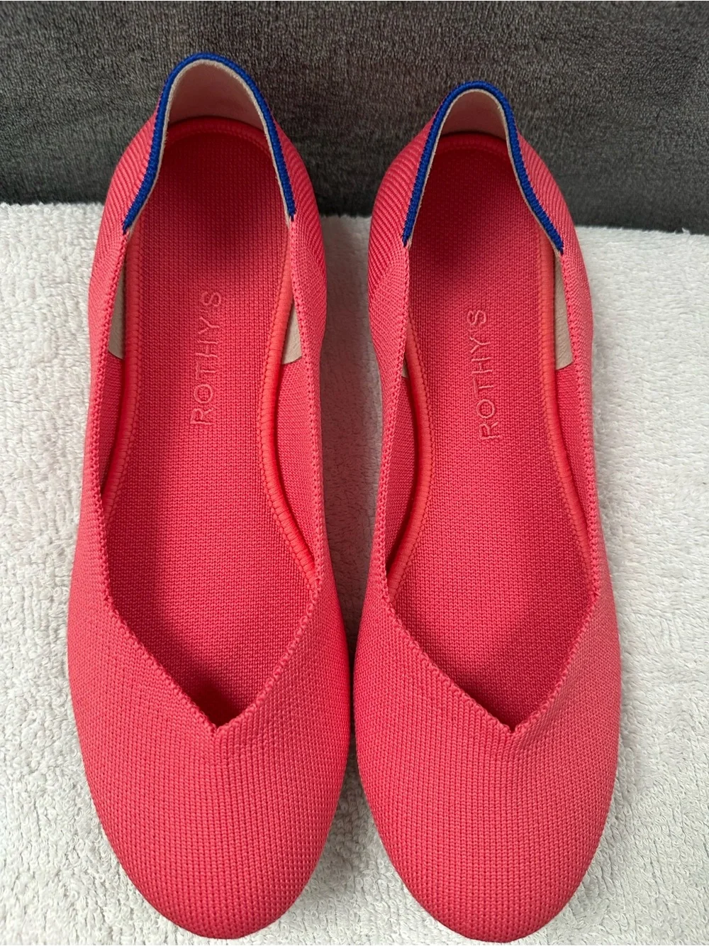 Rothy's Coral Knit Slip-On Flats with Blue Trim